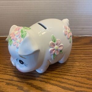 Lefton Ceramic Pig Bank with pink flowers with Red and Gold Shield Label